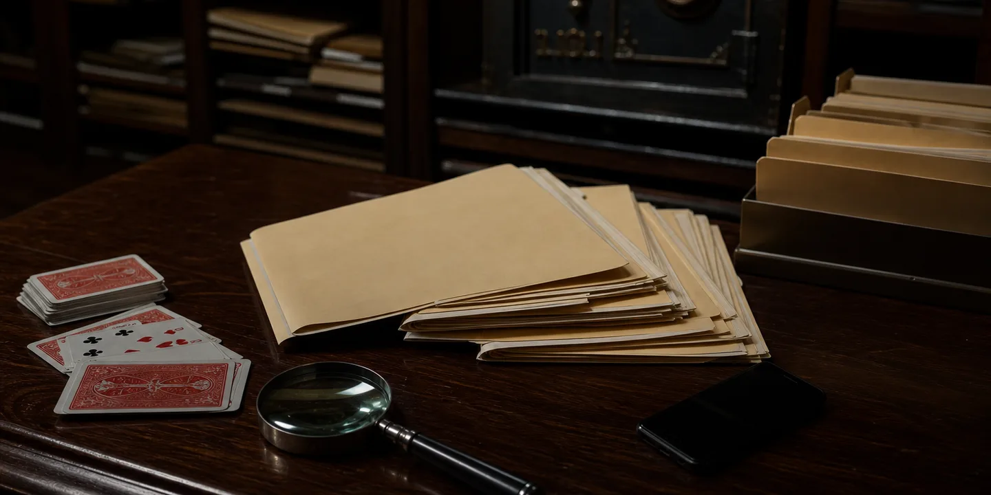 Open Teen Patti safety dossier tabs with evidence photos on a vault shelf
