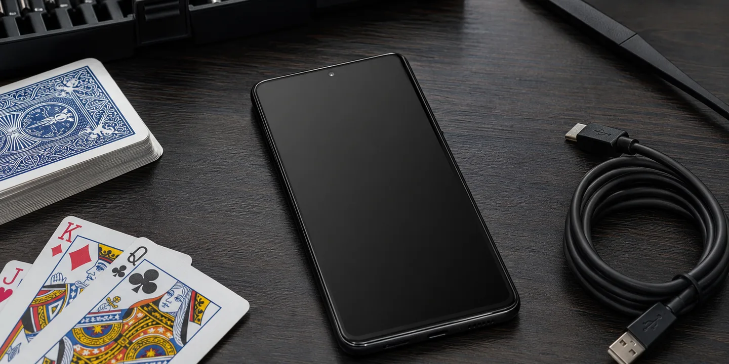 Teen Patti low storage troubleshooting desk with phone and three-card notes