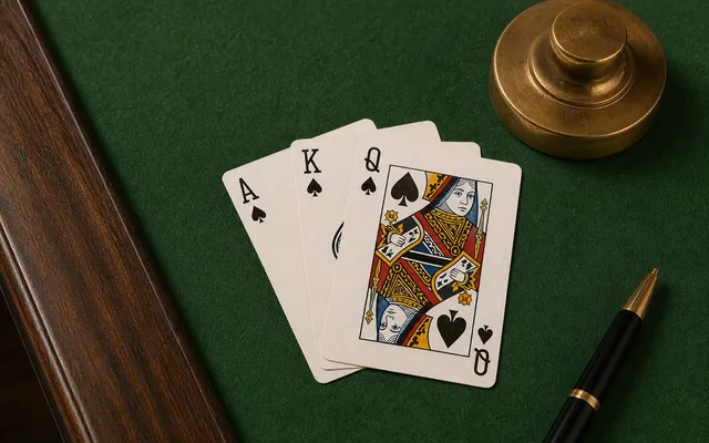 Adult players reviewing Teen Patti three-card hands on a felt vault desk