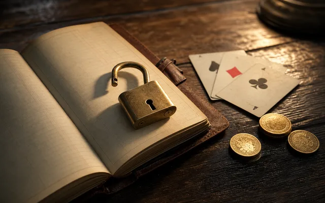 Privacy ledger scene with permission notes beside Teen Patti card props