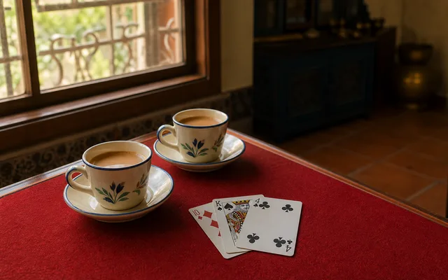 Friends discussing Teen Patti blind and seen rules at a home card table